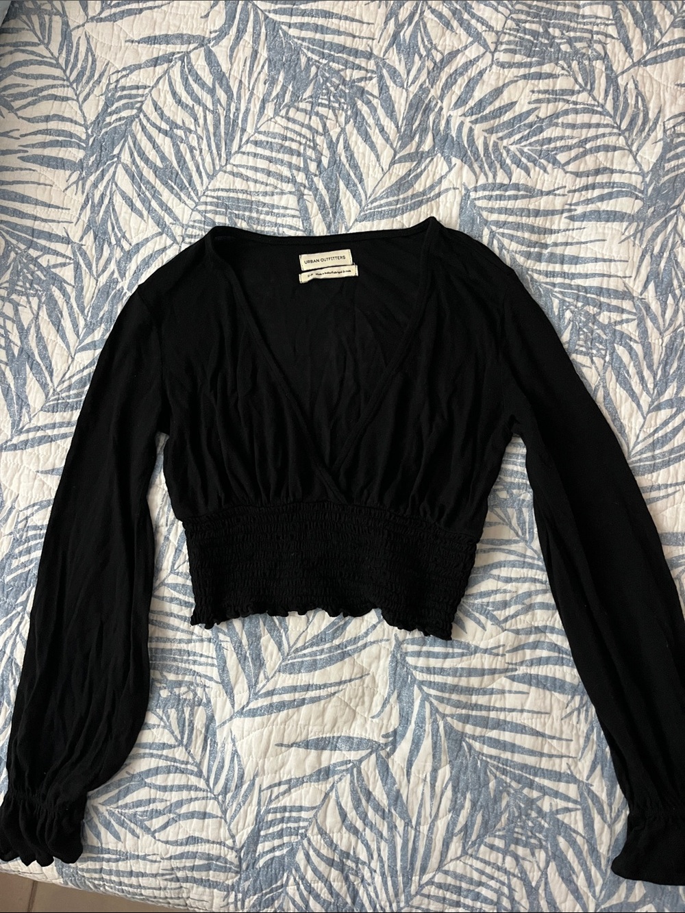 Urban Outfitters Black Long-Sleeve Smocked Crop Top